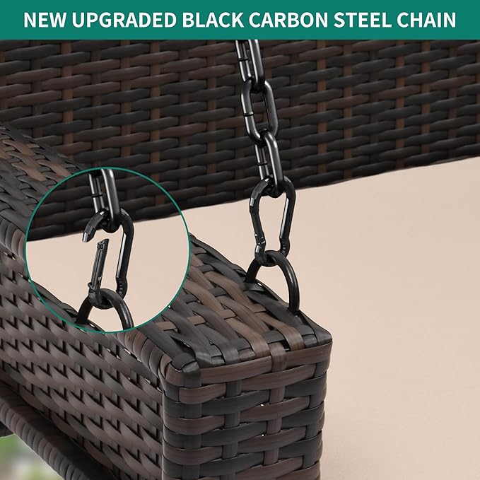 YITAHOME Wicker Hanging Porch Swing Chair Outdoor Brown Rattan Patio Swing Lounge w/ 2 Back Cushions Capacity 530lbs for Garden, Balcony, Living Room, Beige