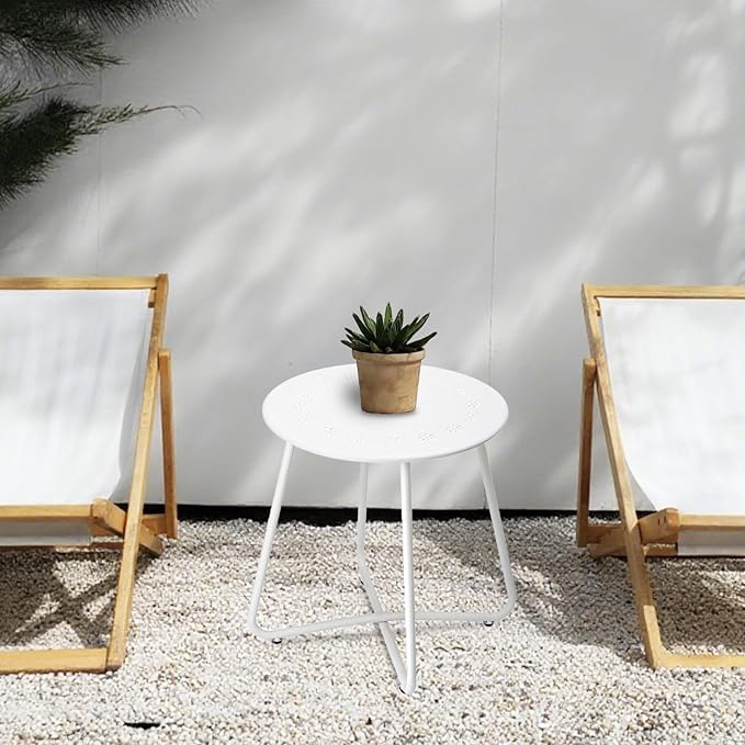 danpinera Outdoor Side Tables with Flower Cut Outs, Weather Resistant Steel Patio Side Table, Small Round Outdoor End Table Metal Side Table for Patio Yard Balcony Garden White