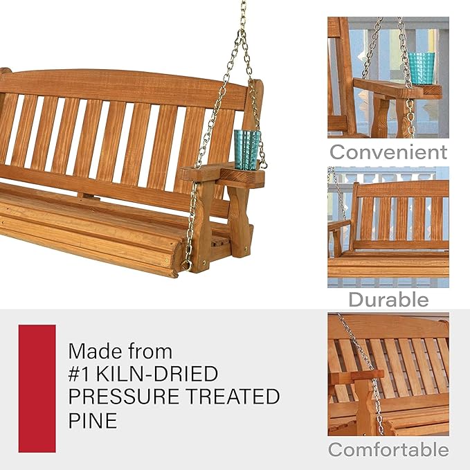 Amish Casual Heavy Duty 800 Lb Mission Treated Porch Swing with Hanging Chains and Cupholders (4 Foot, Cedar Stain)