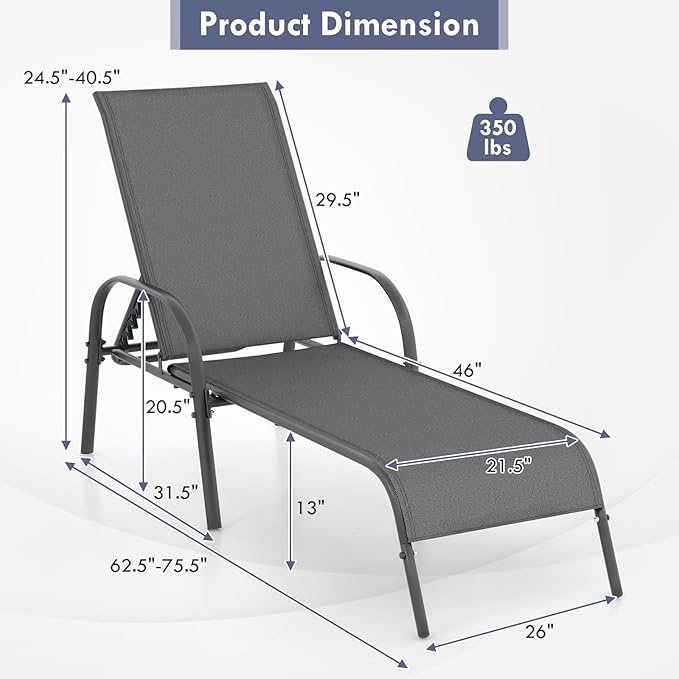 Giantex 2 Pack Patio Lounge Chair, Outdoor Chaise Lounge with 5 Adjustable Backrest, Sturdy Steel Frame, Sunbathing Recliner, Tanning Chair for Beach, Outside, Yard, Balcony, Pool Chairs (2,Dark Gray)
