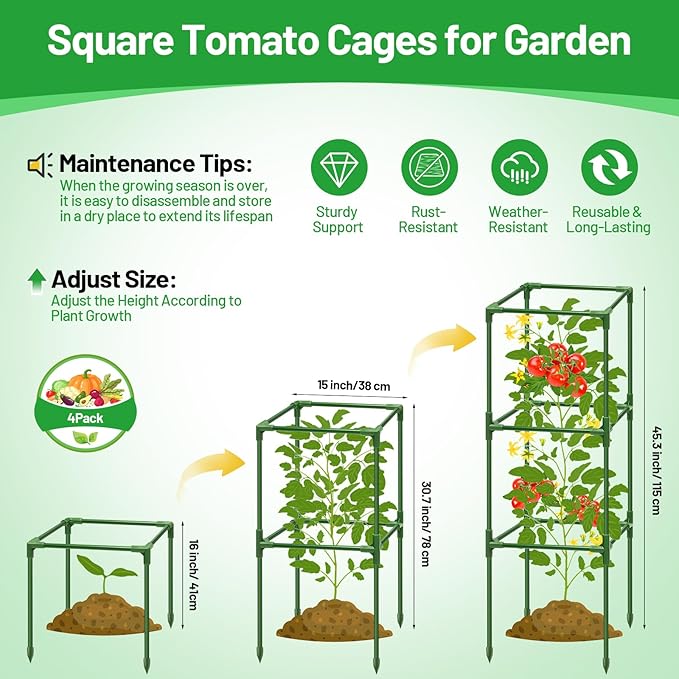 Legigo 4 Pack Square Tomato Cages for Garden- Up to 45 Inch Tomato Trellis Plant Cages Support, Tomato Stakes and Supports Cage for Climbing Vegetables Raised Garden Bed Cucumbers Peppers Flowers