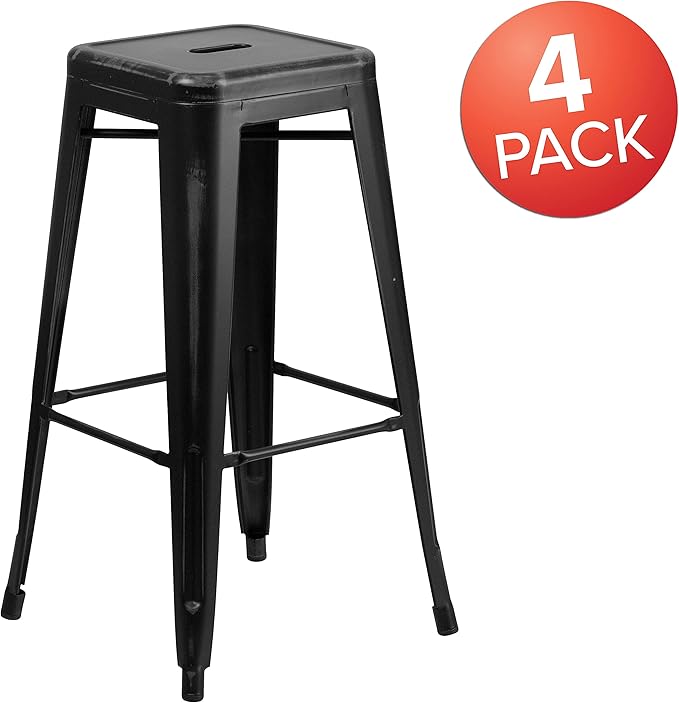 Flash Furniture Kai Commercial Grade 4 Pack 30" High Backless Distressed Black Metal Indoor-Outdoor Barstool