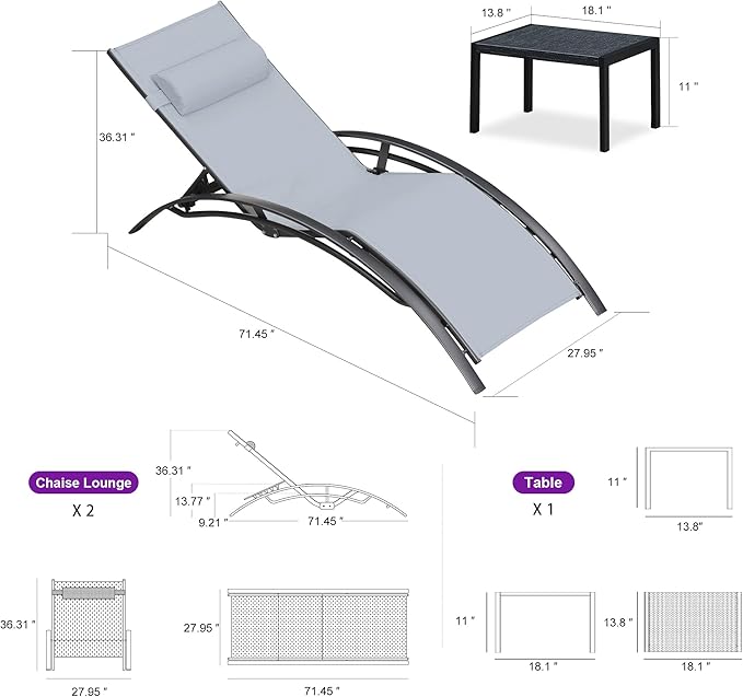PURPLE LEAF Patio Oversized Chaise Lounge Chair Set with Side Table Poolside Adjustable Recliner Chairs for Outside Beach Outdoor Pool Sunbathing Tanning Lounger, Light Grey