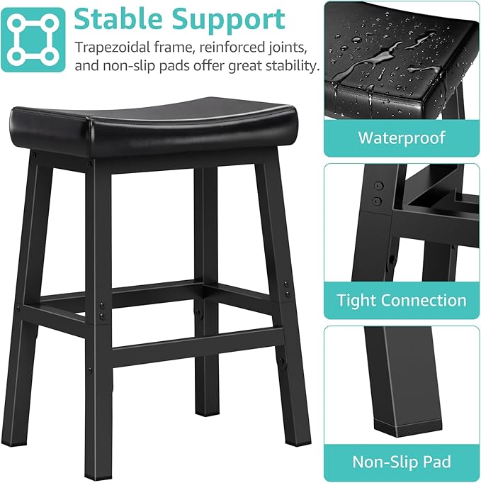 24 Inch Bar Stools for Kitchen Island, Kitchen Chairs Counter Height Stools with Footrest, Black Saddle Leather Barstools Heavy Duty for Dining Table Farmhouse Outdoor, 1 PC