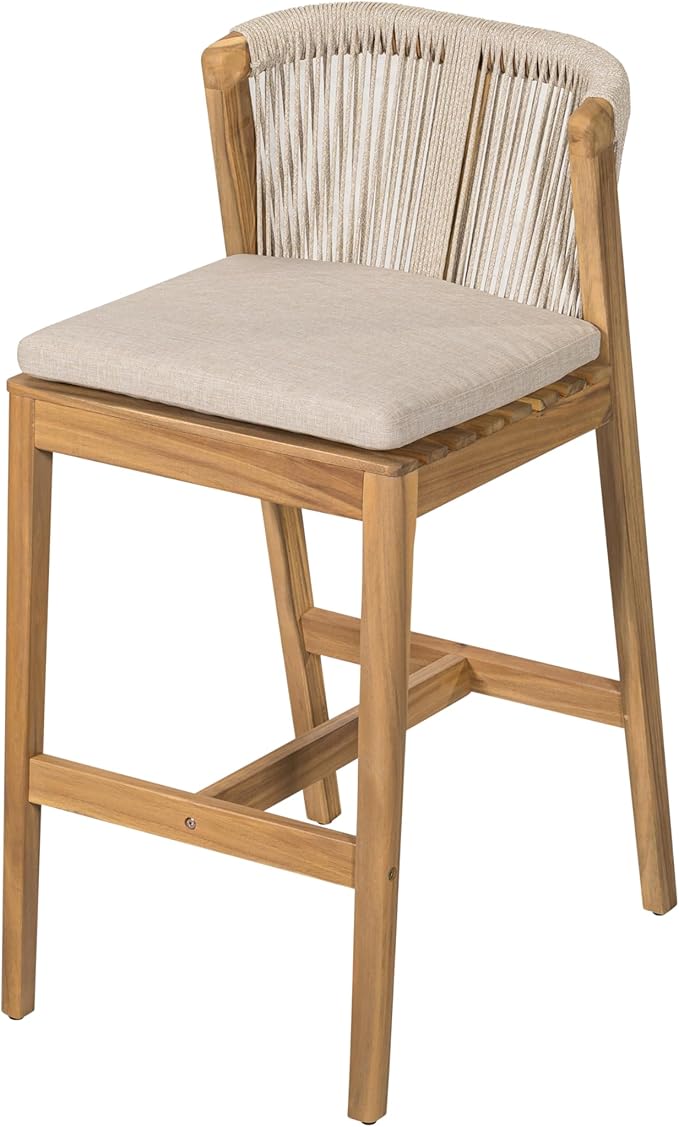 Christopher Knight Home Cuz Patio Barstool Set of 2, Outdoor Counter Height Stool with Sturdy Acacia Wood Frame and Rope Backrest, Bar Stool with Seat Cushion for Backyard Garden, Beige + Teak