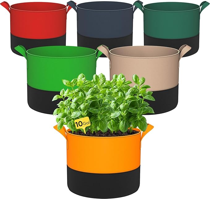 10 Gallon Grow Bags: 6 Pack 350G Heavy Duty Thickened Colorful Potato Grow Bags with Handles - Felt Nonwoven Garden Fabric Bags Gardening Pots for Vegetable Fruit Flowers Herbs Tomato Growing