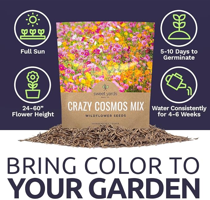 Cosmos Seeds Wildflower Mixture - Bulk Quarter Pound Bag - Over 20,000 Seeds - Pink, Yellow, Orange, Red, Purple and White Mixed Species!
