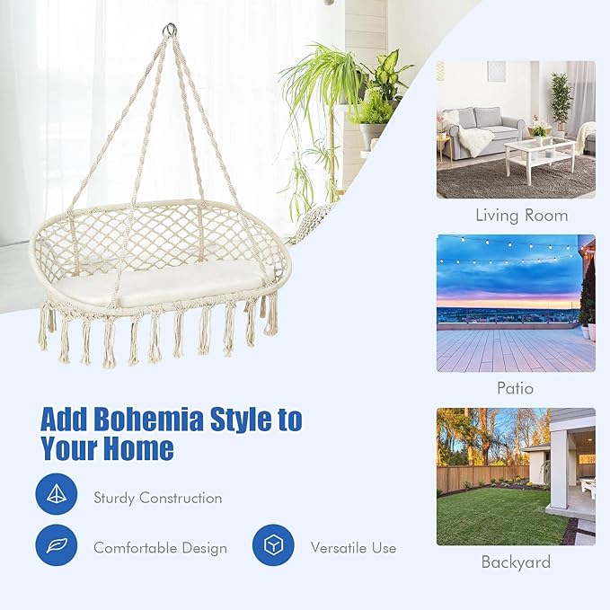 Giantex Hammock Chair 2 Seat, Macrame Hanging Chair with Cushion, Hanging Cotton Ropes, Metal Frame, 440 lbs Capacity Indoor Swing for Hammock Stand, Patio, Balcony, Living Room Hammock Swing