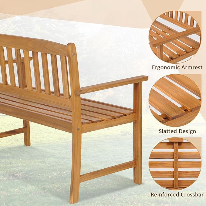 COSTWAY Wooden Bench Outdoor, Sturdy Outdoor Acacia Wood Bench for Garden, Park & Porch, 43”L x 22”W x 34”H, Teak