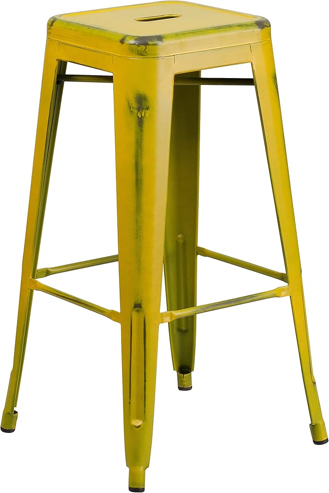 Flash Furniture Kai Commercial Grade 4 Pack 30" High Backless Distressed Yellow Metal Indoor-Outdoor Barstool