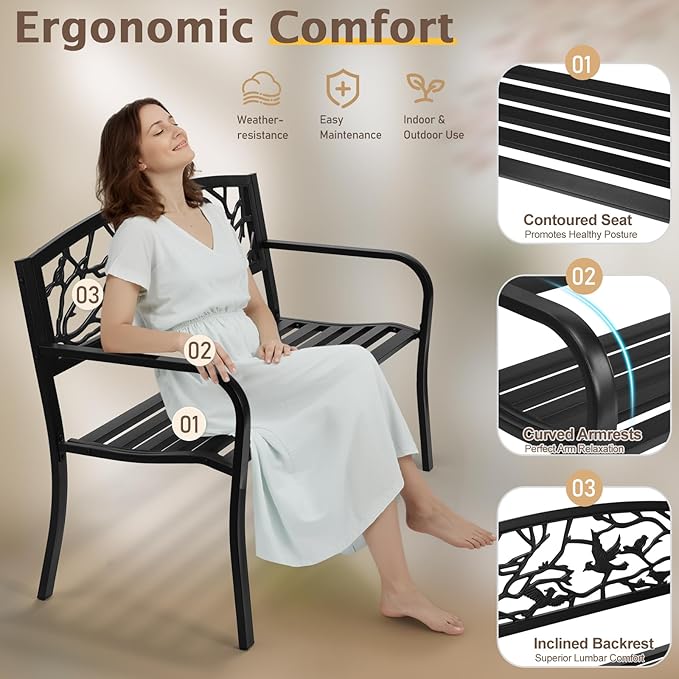 Outvita Outdoor Bench, 50" Iron Steel Frame Garden Bench with Magpie Pattern and Plastic Backrest Armrests, Patio Bench for Garden Park Yard Front Porch Patio, Black