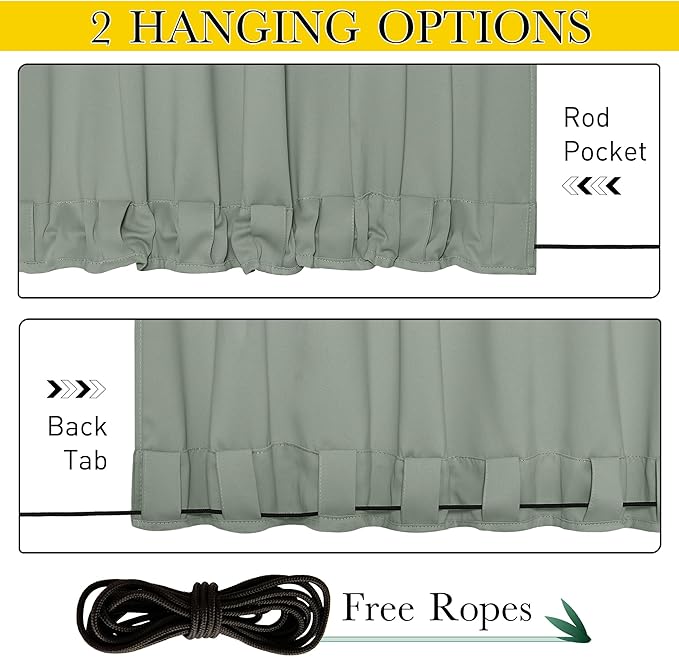 NICETOWN 2 Panels Outdoor Curtains for Patio Waterproof & Windproof, Thermal Insulated Top & Bottom Grommet & Back Tab Sun Blocking Outdoor Drapes with Fixed Rope for Gazebo, Sage Green, W66 x L90