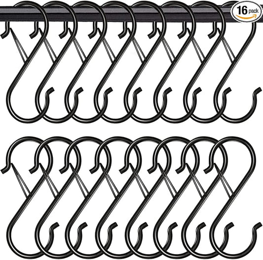 16 Pack Heavy Duty S Hooks with Safety Buckle - S Shaped Hooks for Hanging Plants, Clothes, Kitchen Utensils, Bags (Black)