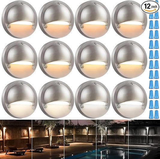 LEONLITE 12-Pack Update 5CCT LED Low Voltage Deck Lights, 180LM 3.5inch Landscape Step Railing Fence Light, 12-24V AC/DC, CRI90, Die-cast Aluminum Housing & Frosted Glass Lens, UL Cord, Satin Nickel