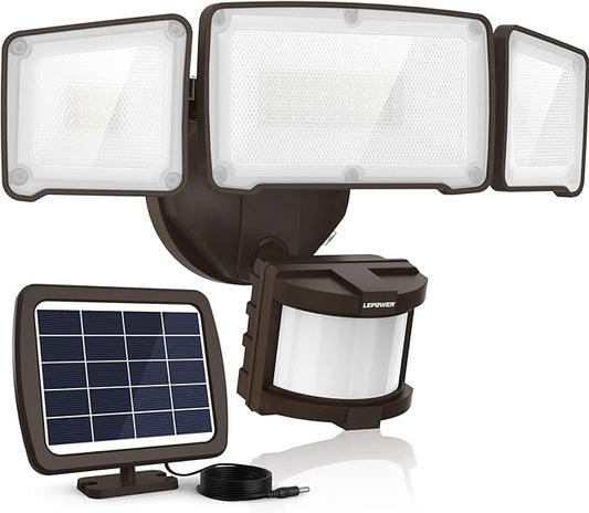 LEPOWER 1600LM LED Solar Security Lights Motion Outdoor, 5500K White Light, IP65 Waterproof Outdoor Flood Solar Light for Yard, Garage（Brown）