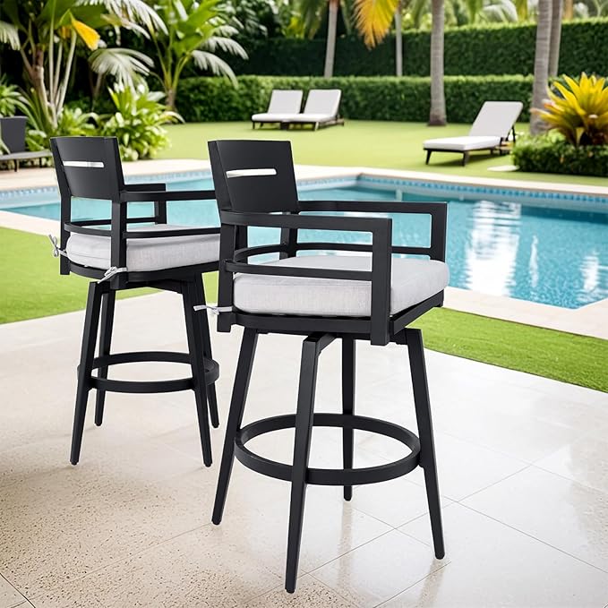 Modern Outdoor Bar Stools Set of 2 Swivel Patio Bar Chairs with 360° Rotation and Cushion with Sunbrella Fabric Weather-Resistant Aluminum Frame Patio Bar Stool for Deck Garden