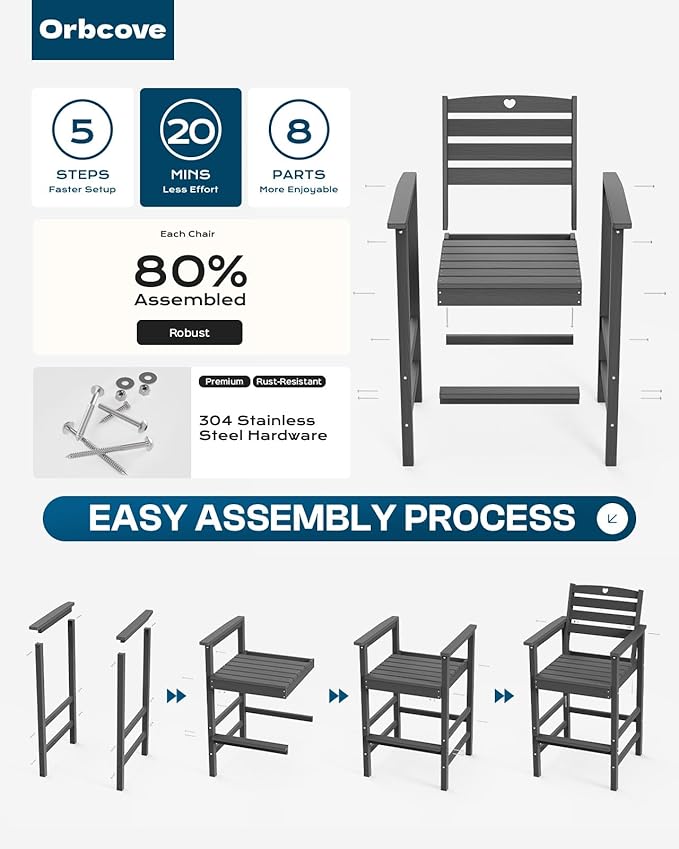 Patio Bar Table,Adirondack Chairs and Table 4 Pieces Set, Bar Height Chairs Set of 4, Outdoor Bar Stools Set,Weather-Resistant Outdoor Furniture for Deck, Balcony, Poolside Easy Assembly