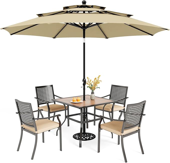 PHI VILLA 5 Pieces Outdoor Dining Set for 4 with Umbrella, 37" Square Wood-Like Steel Table & Stackable Iron Chairs with Cushions & 10ft Beige Umbrella, Modern Furniture for Patio, Deck, Yard, Porch