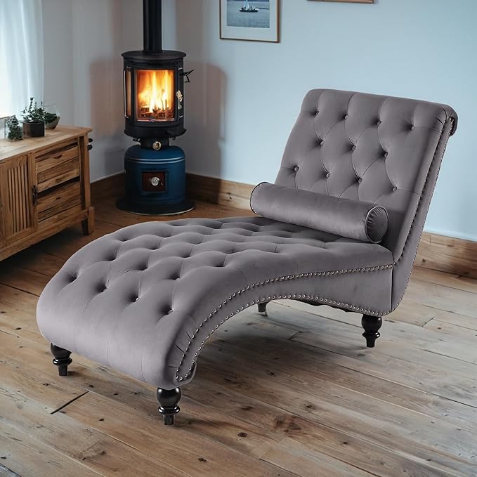 Chaise Lounge Indoor,Velvet Upholstered Lounge Chair Button-Tufted Armless Chair with Pillow, for Bedroom Living Room Office Modern Backrest Leisure Recliner Sleep Sofa,Gray