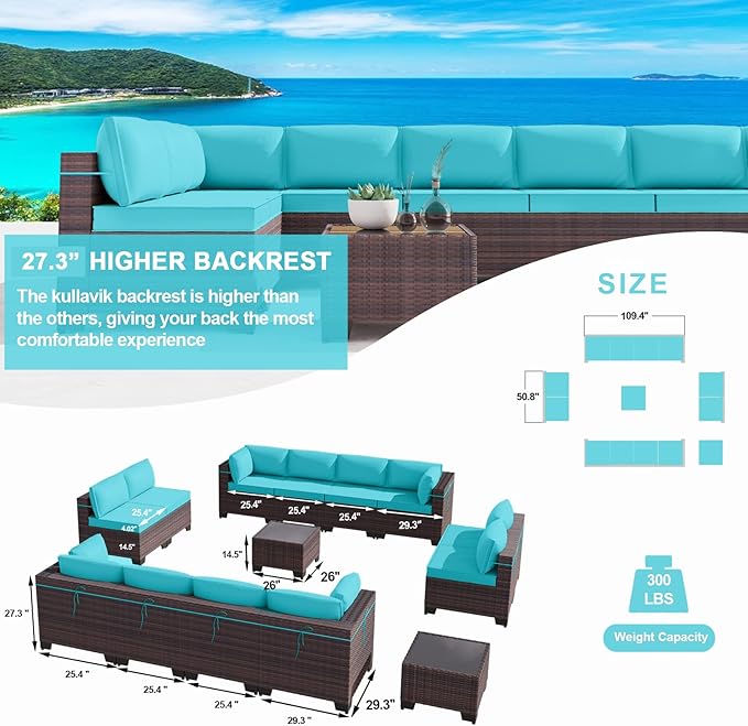 Kullavik 14 Pieces Outdoor Patio Furniture Set,Sectional Rattan Sofa Set Brown PE Rattan Wicker Patio Conversation Set with Tempered Glass Coffee Tables and Washable Cushions Covers,Turquoise Blue