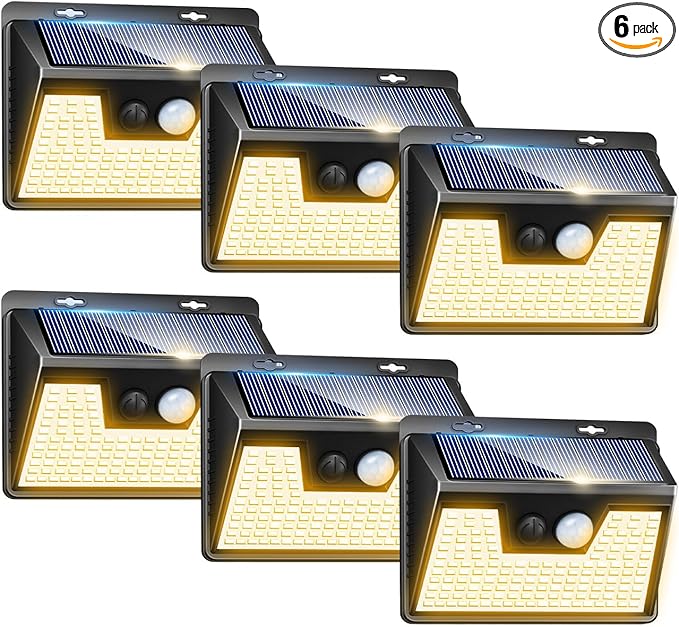 Peasur Solar Lights Outdoor Waterproof [6 Pack/140LED], Warm White Motion Sensor Lights Dusk to Dawn, 3 Modes Solar Fence Security Lighting for Wall Garden Yard Stair Outside