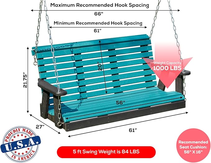 Poly Lumber Wood 5FT Porch Swing Amish Craftsmandship Made in USA HDPE with No wood fibers and 1000 lbs Limit. Stainless Steel Hardware.Signature Rollback design for Patio Outdoor Backyard Garden Park
