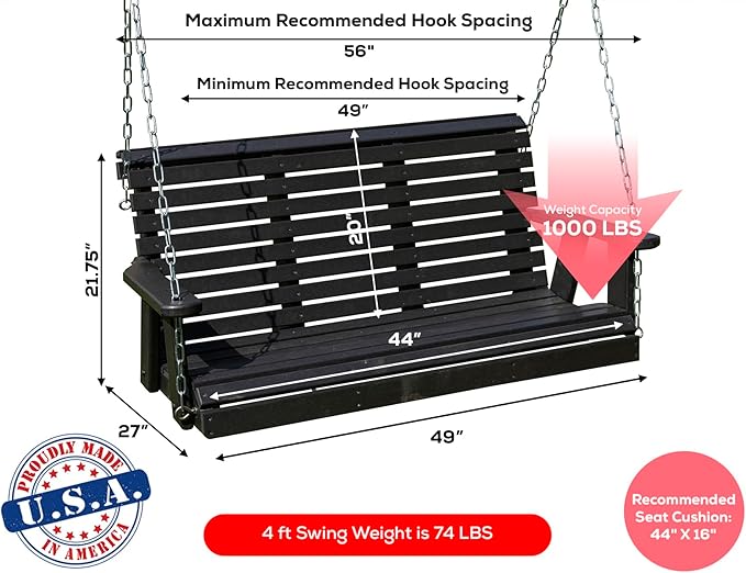 Poly Lumber Wood 4FT Porch Swing Amish Craftsmandship Made in USA HDPE with No wood fibers and 1000 lbs Limit. Stainless Steel Hardware.Signature Rollback design for Patio Outdoor Backyard Garden Park