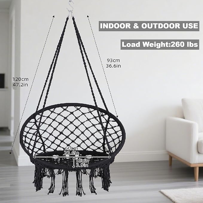 Goutime Hammock Chair, Macrame Hanging Indoor Swing Chairs with Hardware Kit,Adult Boho Swinging Swings for Outside,Patio,Balcony,Bedroom (Black (Pillows are not Included))
