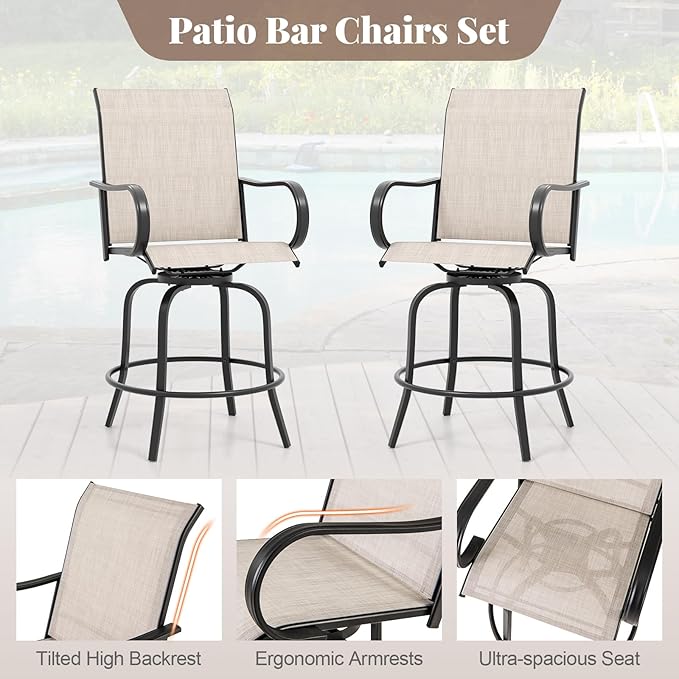 Giantex Set of 4 Swivel Outdoor Bar Stools, All-Weather Bar Height Patio Chairs, 330LBS Capacity, 360 Rotating Outside Bar Chairs with High Back Armrests, for Porch Yard Lawn Garden Pool (Grey)