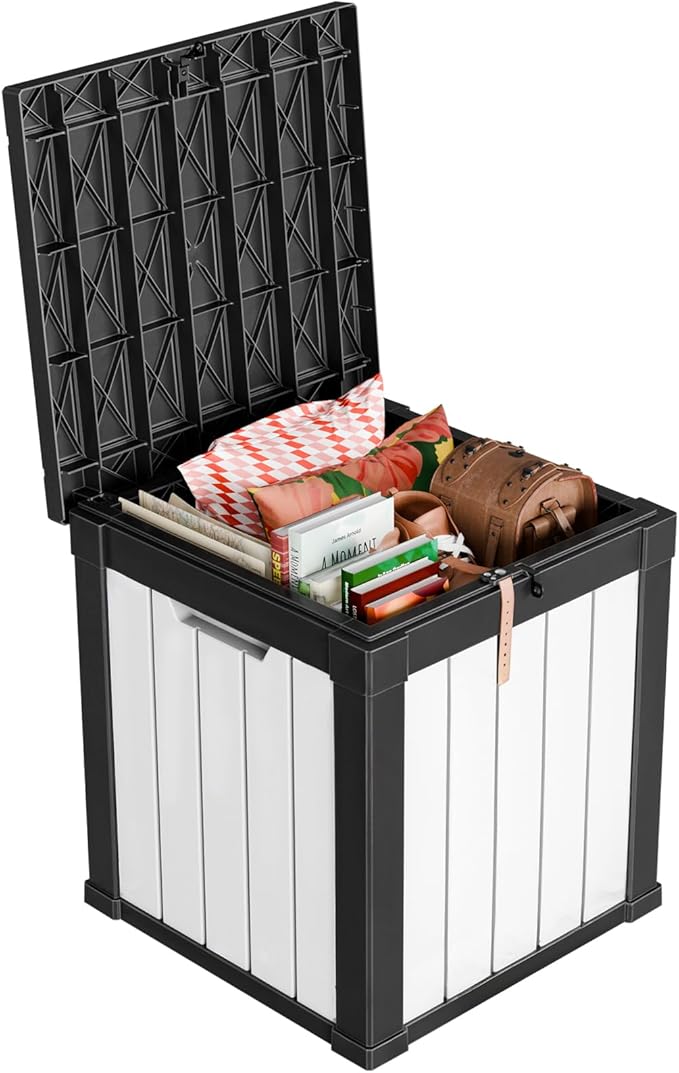 DRATO 50 Gallon Deck Box, Outdoor Storage Box for Patio Cushion, Garden Tools, Waterproof Patio Storage box, Lockable (Black and White)