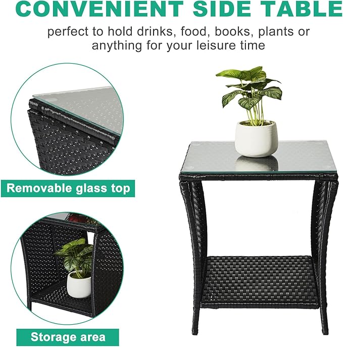 Wicker Rattan Side Table, Outdoor Square Rattan Coffee End Table with Tempered Glass Top and Storage for Patio Porch Lawn (Black)