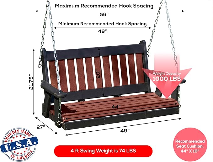 Poly Lumber Wood 4FT Mission Porch Swing Amish Craftsmandship Made in USA HDPE with No Wood fibers 1000 lbs Limit. Stainless Steel Hardware.Signature Design for Patio Outdoor Backyard Garden Park