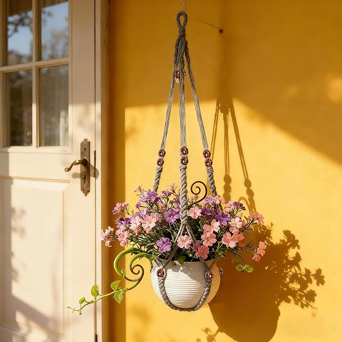 35 Inch Macrame Plant Hanger, Large for up to 15 Inch Pot Extra Long Hanging Planter Holder Basket with Wood Beads for Indoor Outdoor Home Decor (Grey, 1-Pack)