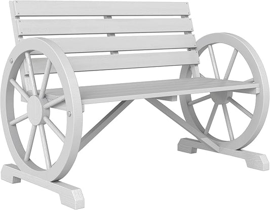 Outsunny 41" Wooden Wagon Wheel Bench, Rustic Outdoor Patio Weather Resistance Furniture, 2-Person Slatted Seat Bench with Backrest, Light Gray