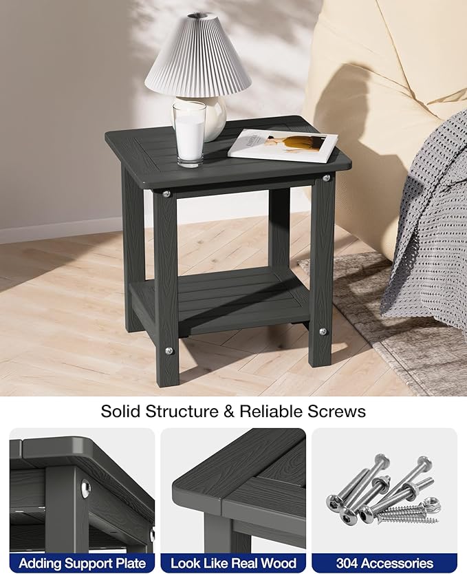 YEFU Outdoor Side Table for Patio: 16" HIPS Weather - Resistant Adirondack Tables - Waterproof Small Square End Tables for Backyard Living Room Bedroom - Indoor Outdoor Double Layer Table Dark Gray