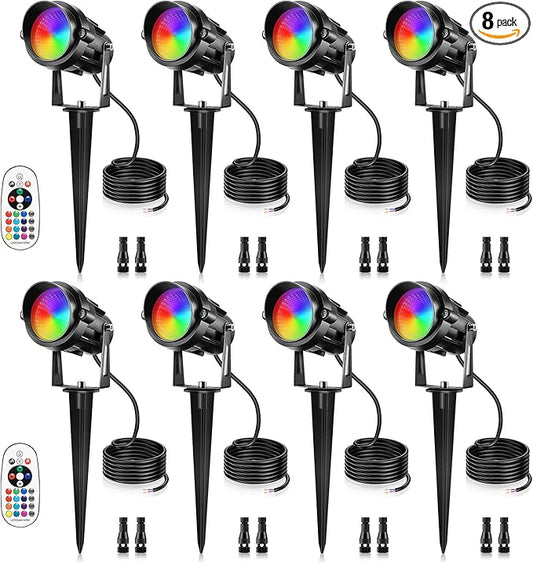 12W RGBW Color Changing Landscape Lights - Low Voltage LED Landscape Lighting, Remote Control Spotlight Outdoor Waterproof Garden Pathway Halloween Christmas Spot Lights, 8 Pack with Connector
