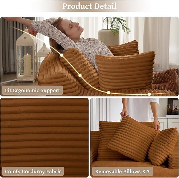66" Chaise Lounge Chair Indoor, Oversized Boneless Couch Comfy Upholstered Sleeper Sofa Bed with 3 Pillows, Corduroy Cloud Reading Chairs for Living Room No Assembly Required, Orange
