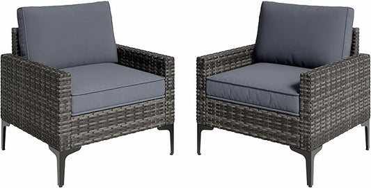 Jing's Villa 2-Piece Outdoor Sectional Single Chair Set, All-Weather Wicker Patio Furniture with L/R Armrest & Cushions, Comfortable Garden Conversation Set for Backyard, Poolside, Deck,Gery