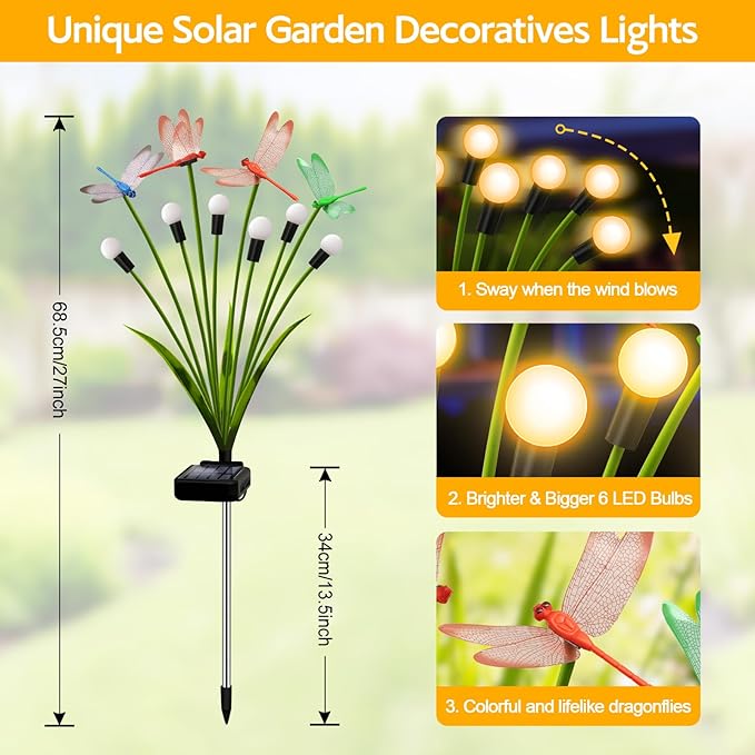 Solar Garden Lights Outdoor - 6 Pack Dragonfly Solar Swaying Light, Sway by Wind, Firefly Lights Outdoor Yard Patio Pathway Decoration, Big Bulb, High Flexibility Iron Wire & Realistic Dragonflies