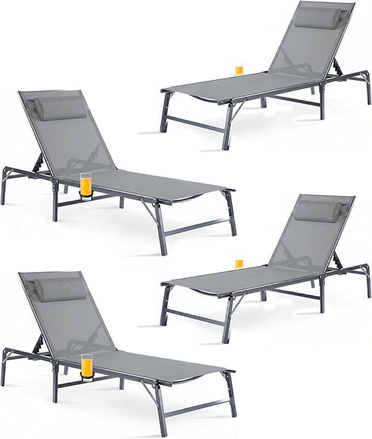 4 Pack Foldable Chaise Lounge Chair with Cup Holder, Assemble-Free Outdoor Lounge Chair with Detachable Pillow and 6 Adjustable Backrest, Patio Lounge Chair for Outside Poolside Beach Pool, Grey