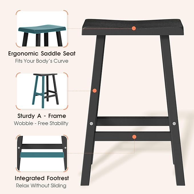 NUNU LAB Waterproof Barstools Set of 2-24 Inch HDPE Dining Height Indoor/Outdoor Stools with Curved Backrest, UV Resistant Kitchen Breakfast Nook Chairs for Dining Room,Patio,Small Space (24")