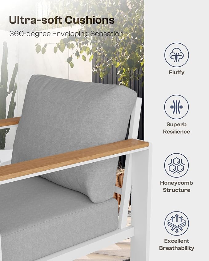Aluminum Outdoor Patio Furniture Set with Coffee Table, 4 Piece Outdoor Conversation Sets with Washable Thick Cushions, Patio Sectional Furniture Set for Porch, Balcony, Deck, White