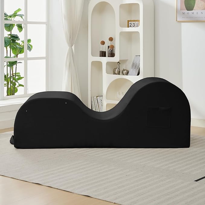 ijuicy Sleek Chaise Lounge Chair for Exercise/Yoga, Indoor Lounger with Headrest, Waist Cushion, Movable Footrest, Side Pockets, Non-Slip Bottom, High Density Sponge, Black
