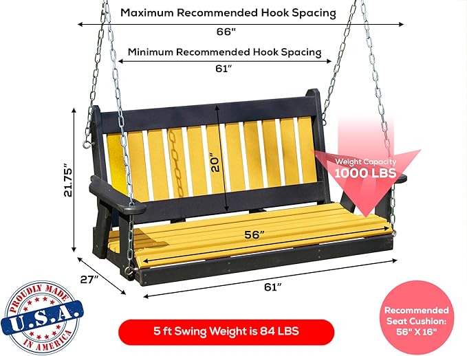 Poly Lumber Wood 5FT Mission Porch Swing Amish Craftsmandship Made in USA HDPE with No Wood fibers 1000 lbs Limit. Stainless Steel Hardware.Signature Design for Patio Outdoor Backyard Garden Park