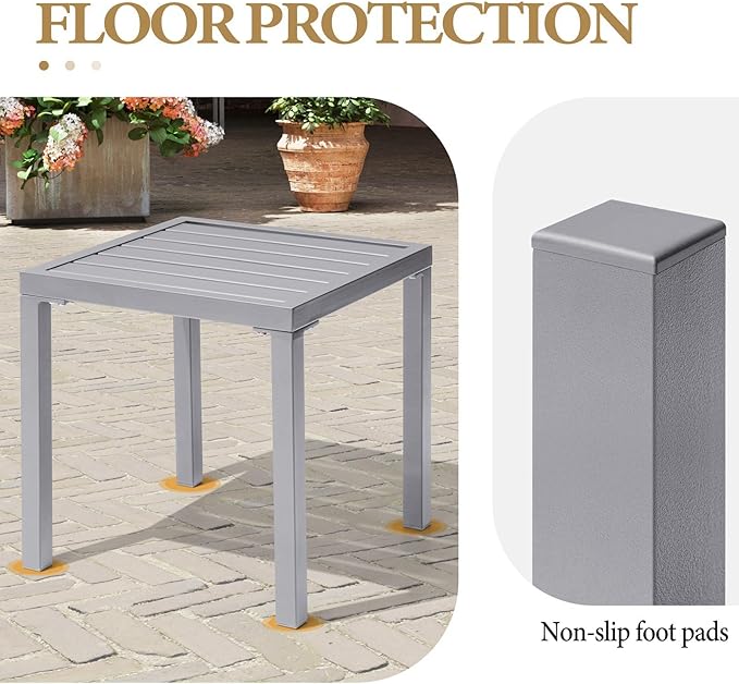 Crestlive Products Outdoor Side Table, Small Square Metal End Table Easy Assembly & Weather Resistant Pool Side Tables for Patio Balcony（Light Gray