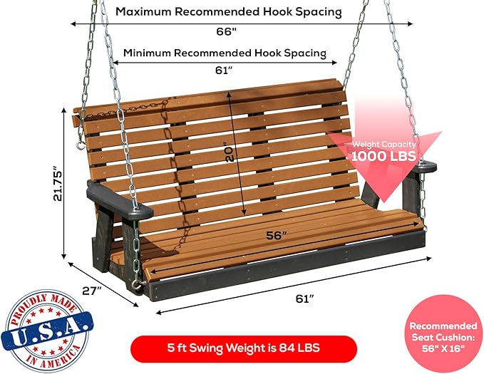 Poly Lumber Wood 5FT Porch Swing Amish Craftsmandship Made in USA HDPE with No wood fibers and 1000 lbs Limit. Stainless Steel Hardware.Signature Rollback design for Patio Outdoor Backyard Garden Park