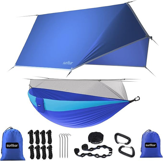 Sunyear Camping Hammock, Portable Single & Double Hammock with Net, 2 Person Hammock Tent with 2 * 10ft Straps, Best for Outdoor Hiking Survival Travel