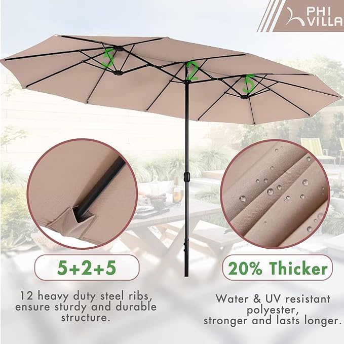 PHI VILLA 7 Pieces Outdoor Dining Set for 6 with Umbrella, 60" Long Metal Table & Stackable Iron Chairs with Cushions & 13ft Beige Umbrella, Modern Steel Furniture Set for Patio, Deck, Yard, Porch
