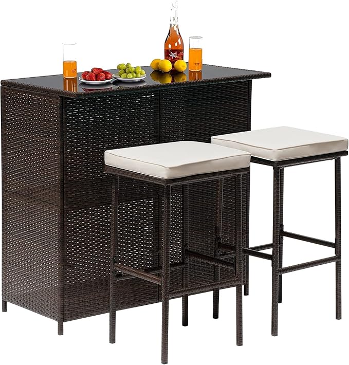 Wicker Patio Furniture 3 Piece Patio Bar Table Set Chairs Wicker Outdoor Rattan Bistro Set Glass Top Table and Two Stools for Yard or Backyard