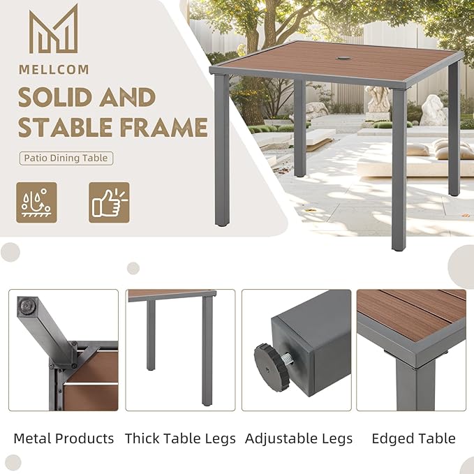 MELLCOM 5-Piece Outdoor Dining Set, 4 Swivel Leather-Look Chairs with Lumbar Pillows & Square Dining Table with Umbrella Hole, Patio Furniture Set for Porch, Garden, Backyard, Poolside, Deck, Grey